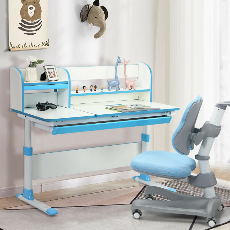 Adjustable Height Study Desk with Drawer and Tilted Desktop for School and Home-BlueCostway Gallery View 2 of 12