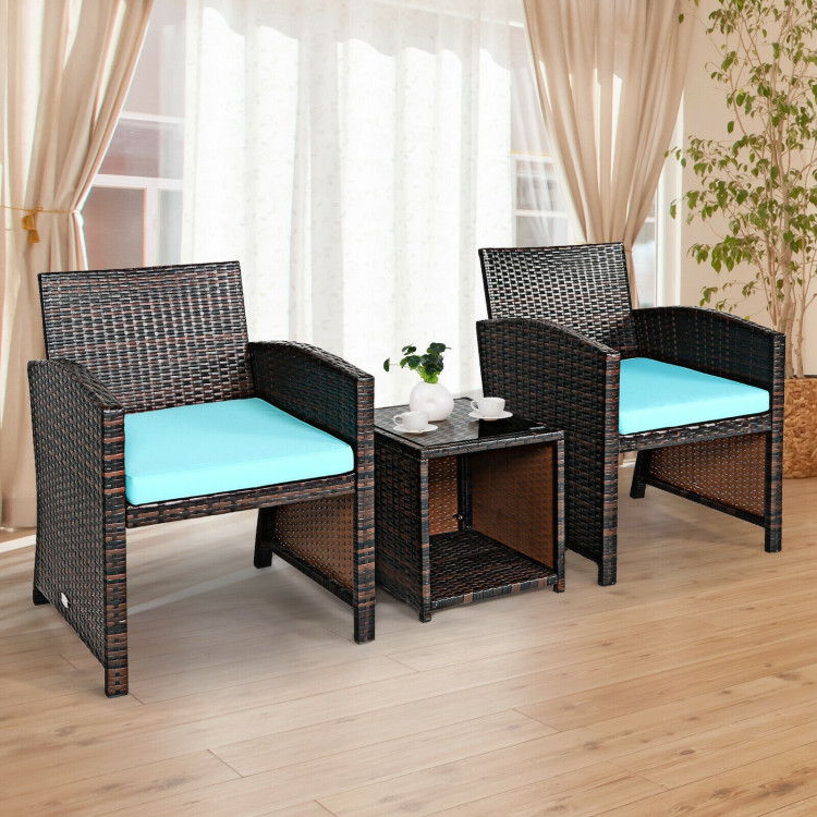 3 Pieces PE Rattan Wicker Furniture Set with Cushion Sofa Coffee Table for Garden-TurquoiseCostway Gallery View 7 of 12