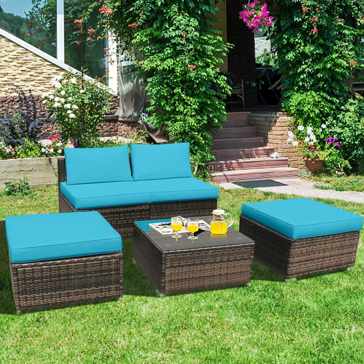 5Pcs Patio Rattan Wicker Furniture Set Armless Sofa Ottoman Cushioned-TurquoiseCostway Gallery View 1 of 12