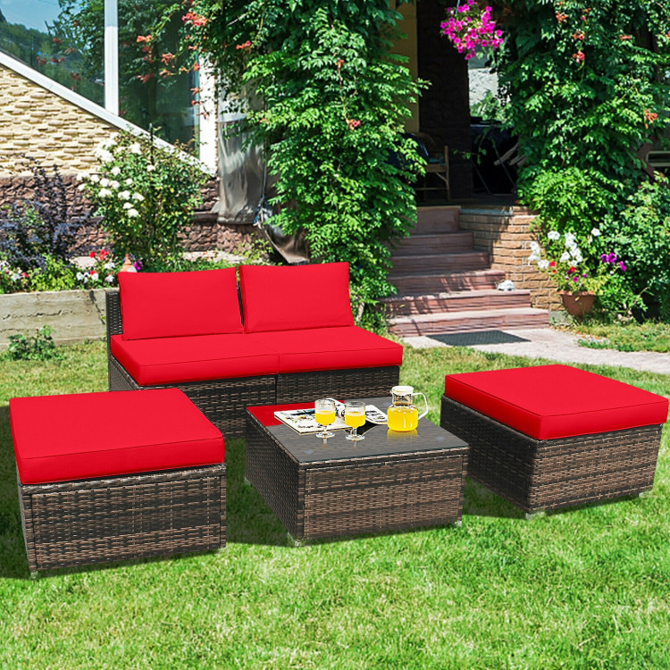 5 Pieces Patio Rattan Furniture Set with Cushioned Armless Sofa-RedCostway Gallery View 1 of 12