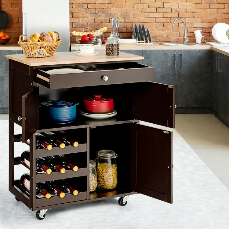Kitchen Cart with Rubber Wood Top 3 Tier Wine Racks 2 Cabinets-BrownCostway Gallery View 1 of 12