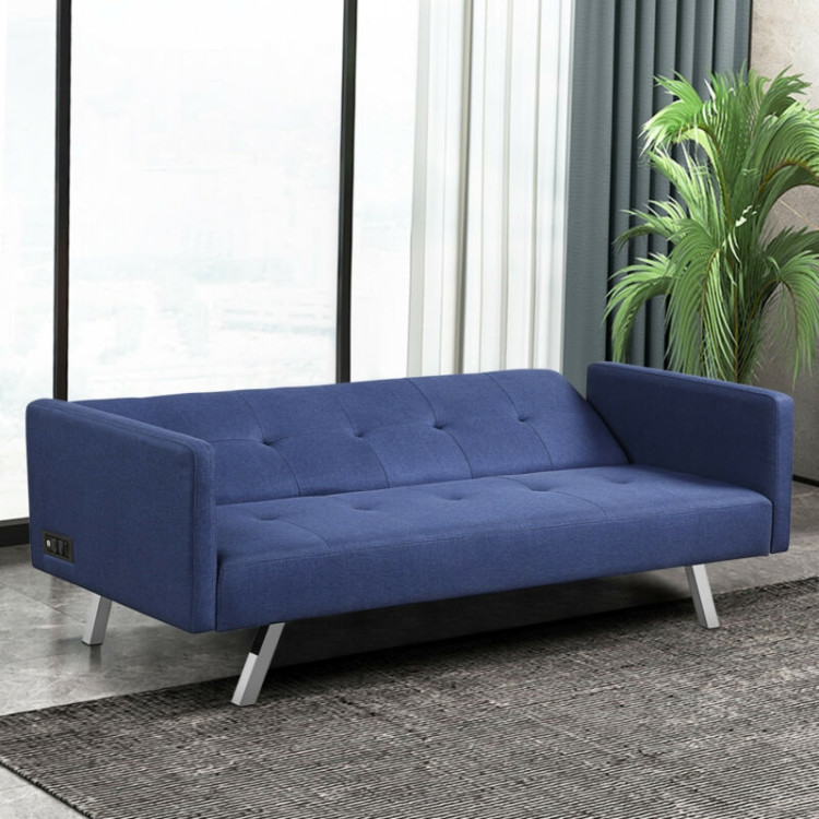 3 Seat Convertible Linen Fabric Futon Sofa with USB and Power Strip-BlueCostway Gallery View 7 of 12