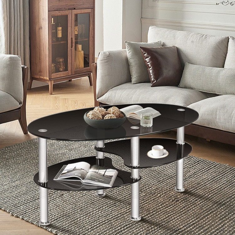 Tempered Glass Oval Side Coffee Table-BlackCostway Gallery View 8 of 11