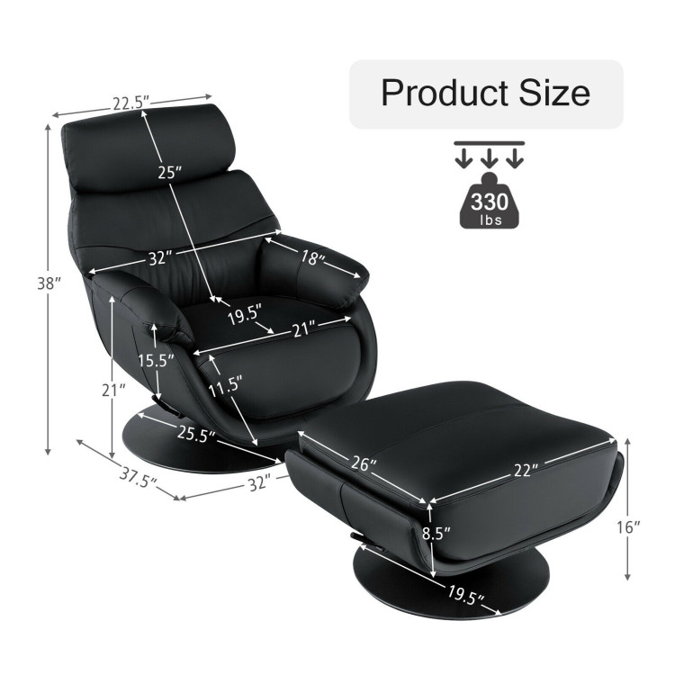 360° Swivel Leather Lounge Chair with Ottoman and Thick Footstool-BlackCostway Gallery View 4 of 12