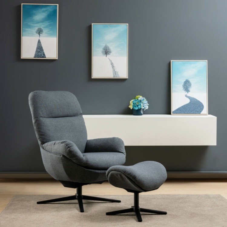 Upholstered Swivel Lounge Chair with Ottoman and Rocking Footstool-GrayCostway Gallery View 7 of 12