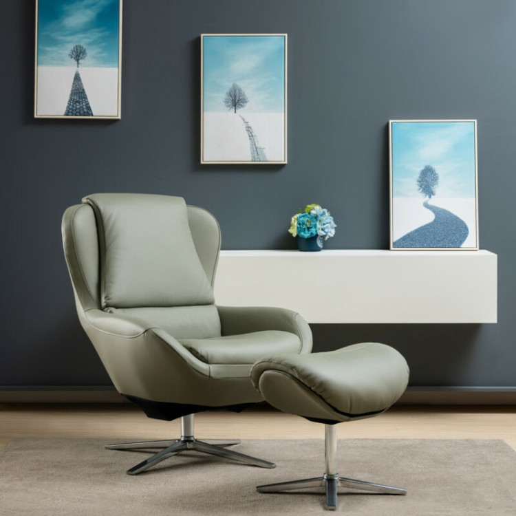 360°  Swivel Leather Lounge Chair with Ottoman and Aluminum Alloy Base-GrayCostway Gallery View 2 of 12