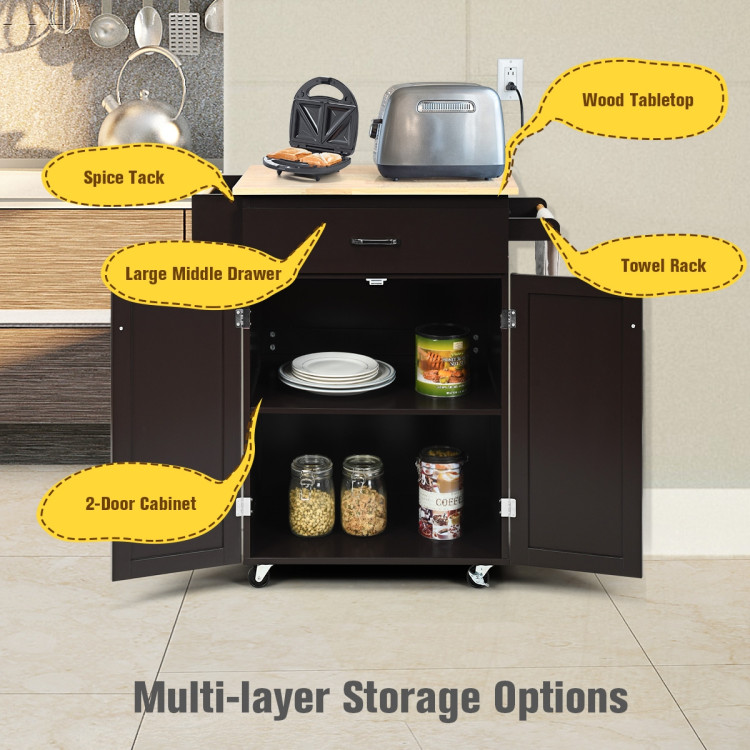 Utility Rolling Storage Cabinet Kitchen Island Cart with Spice Rack-BrownCostway Gallery View 3 of 12
