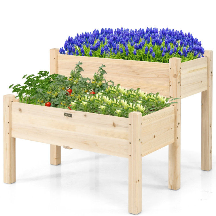 2 Tier Wooden Elevated Planter Box with Legs and Drain Holes for Balcony and YardCostway Gallery View 8 of 14