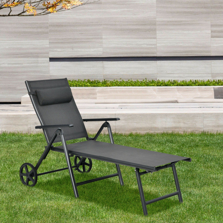 Patio Lounge Chair with Wheels Neck Pillow Aluminum Frame Adjustable-GrayCostway Gallery View 7 of 11