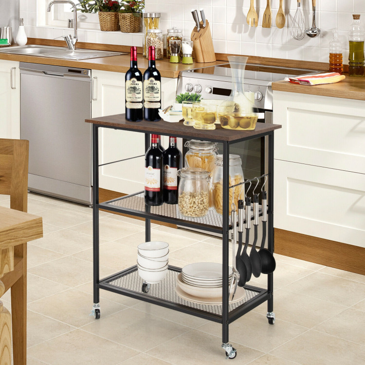 3-Tier Kitchen Serving Cart Utility Standing Microwave Rack with Hooks BrownCostway Gallery View 7 of 12