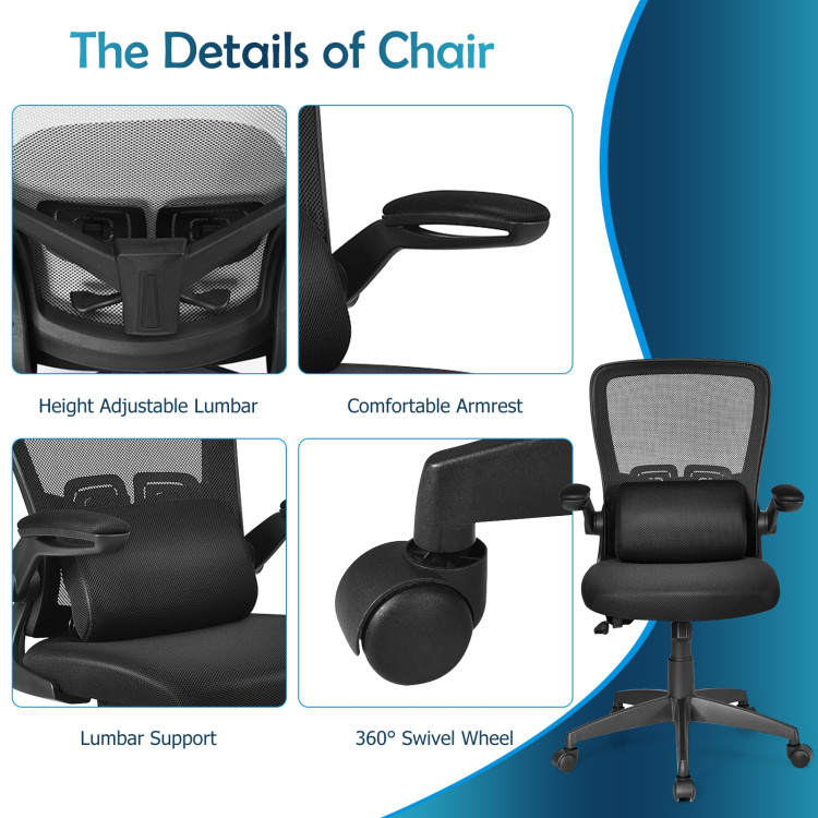 Ergonomic Desk Chair with Lumbar Support and Flip up Armrest-BlackCostway Gallery View 5 of 14