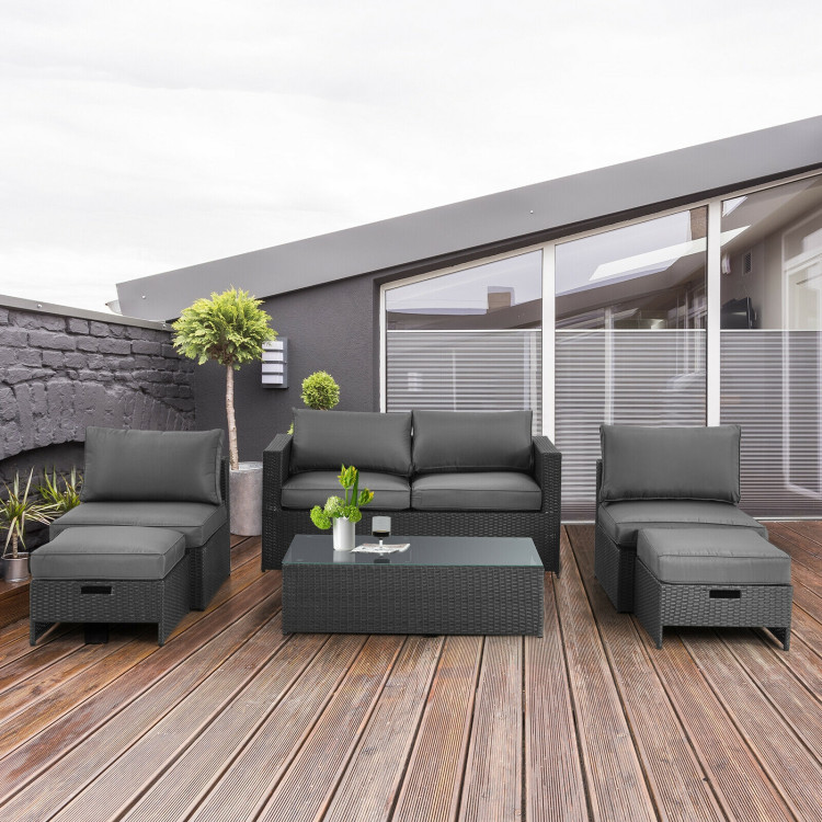 6 Pieces Patio Rattan Furniture Set with Glass Table and Cushioned Seat-GrayCostway Gallery View 2 of 11