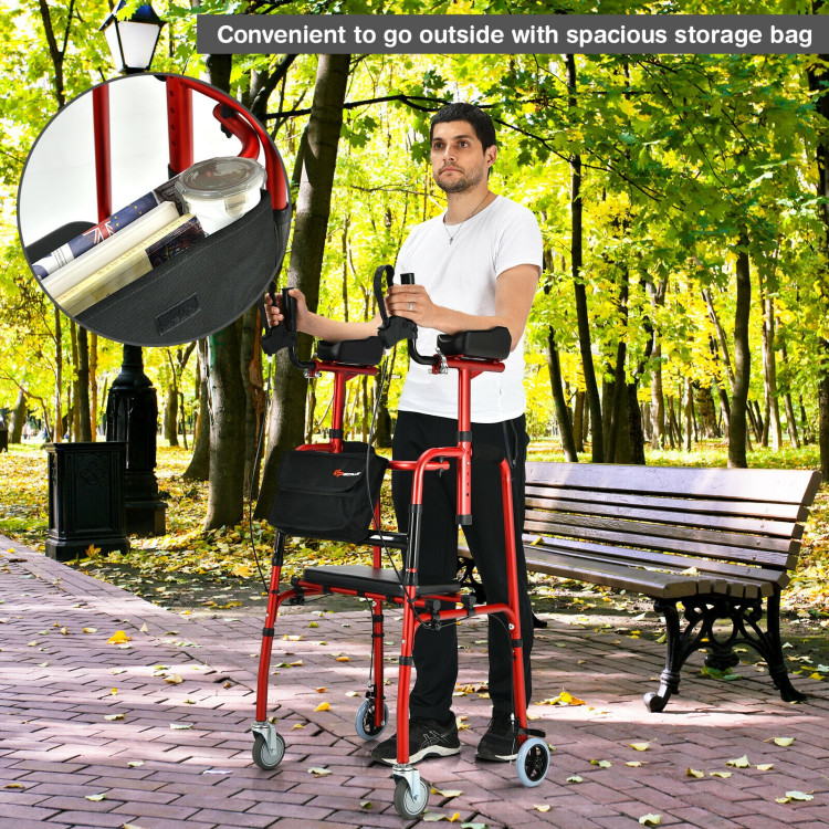 Folding Auxiliary Walker Rollator with Brakes Flip-Up Seat Bag Multifunction-RedCostway Gallery View 7 of 12