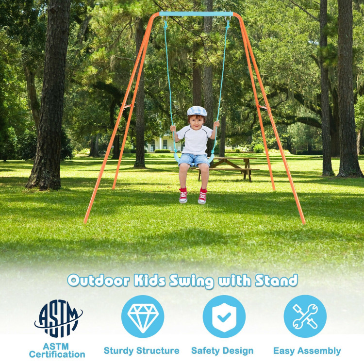 Outdoor Kids Swing Set with Heavy-Duty Metal A-Frame and Ground Stakes-OrangeCostway Gallery View 2 of 12