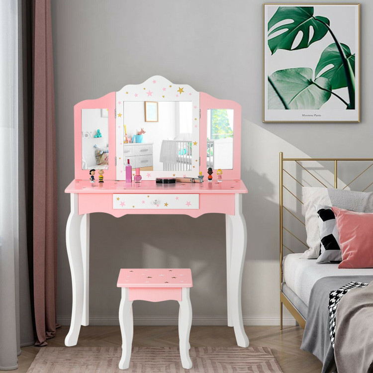 Kids Princess Vanity Table and Stool Set with Tri-folding Mirror and Drawer-PinkCostway Gallery View 6 of 12
