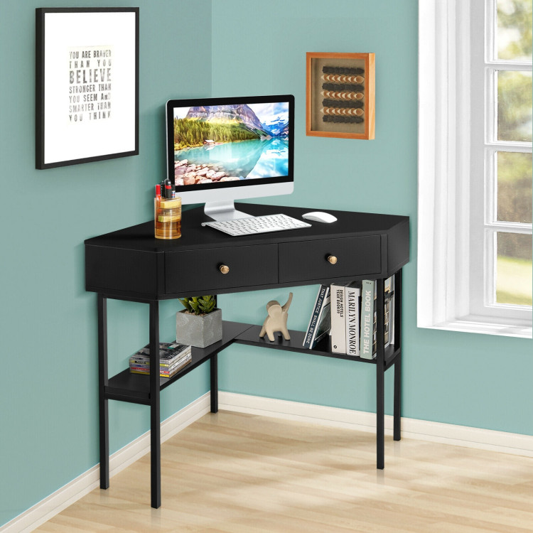 Space Saving Corner Computer Desk with 2 Large Drawers and Storage Shelf-BlackCostway Gallery View 1 of 12