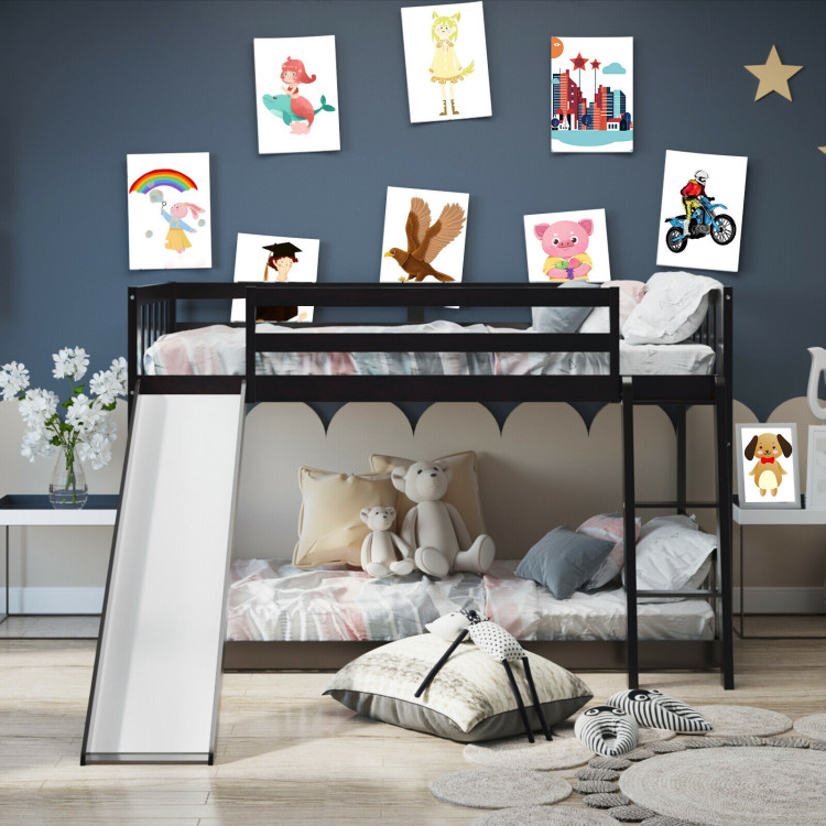 Twin over Twin Bunk Wooden Low Bed with Slide Ladder for Kids-Dark BrownCostway Gallery View 7 of 12