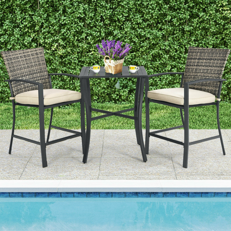 3 Pieces Patio Rattan Bar Furniture Set with Slat Table and 2 Cushioned Stools-GrayCostway Gallery View 6 of 10