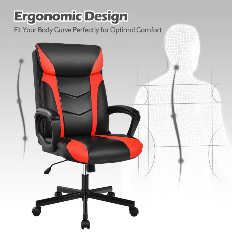 Swivel PU Leather Office Gaming Chair with Padded Armrest-RedCostway Gallery View 11 of 13