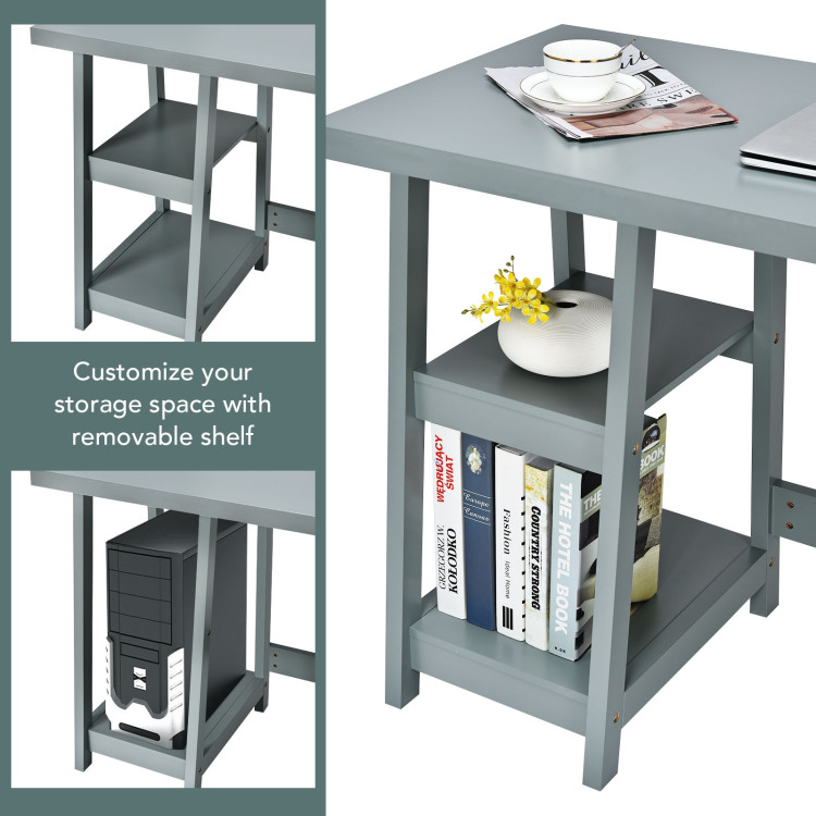 Wooden Trestle Computer Desk with 2-Tier Removable Shelves-GrayCostway Gallery View 5 of 10