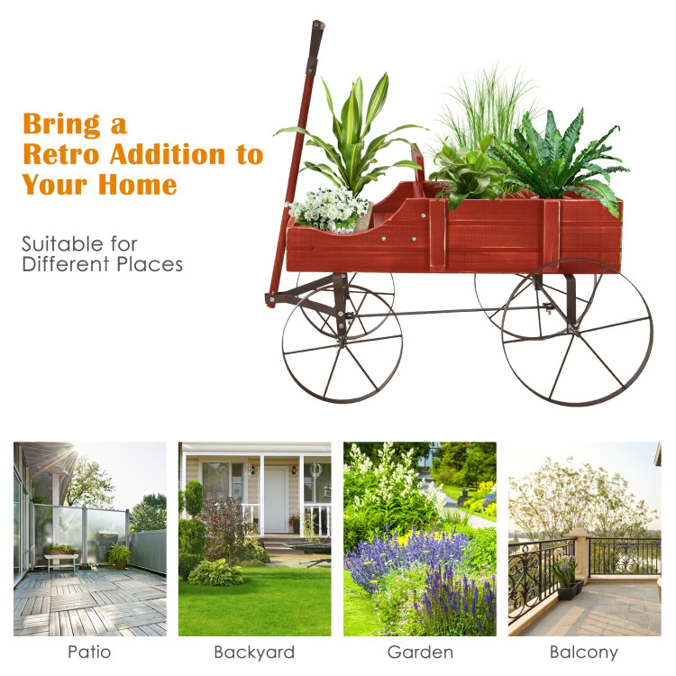 Wooden Wagon Plant Bed With Wheel for Garden Yard-RedCostway Gallery View 11 of 12