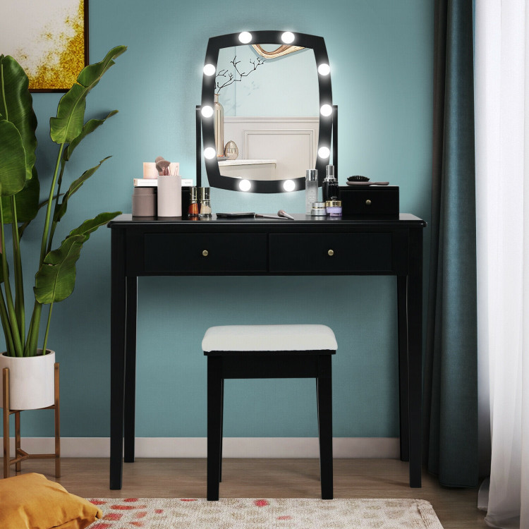 Vanity Table Set with Lighted Mirror for Bedroom and Dressing Room-BlackCostway Gallery View 1 of 10