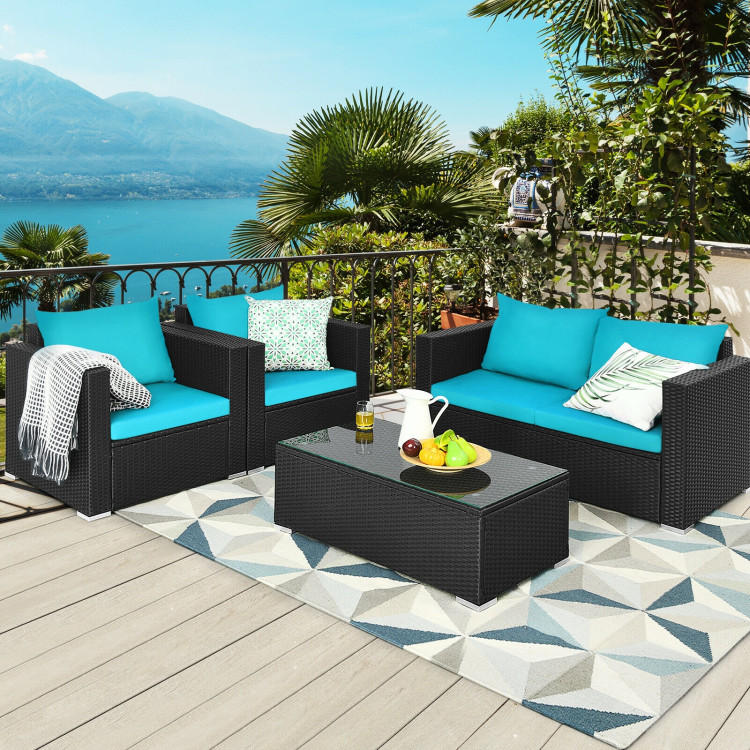 4Pcs Patio Rattan Cushioned Furniture Set-TurquoiseCostway Gallery View 1 of 11