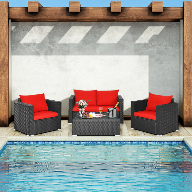 4 Pieces Patio Rattan Conversation Set with Padded Cushion and Tempered Glass Coffee Table-RedCostway Gallery View 8 of 11