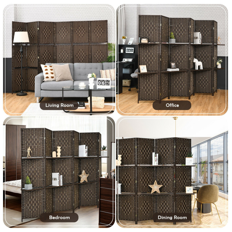 6 Panel Folding Weave Fiber Room Divider with 2 Display Shelves -BrownCostway Gallery View 3 of 11