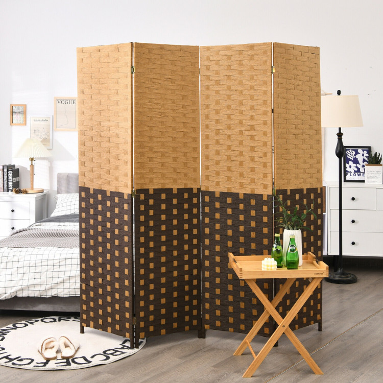 4 Panel Portable Folding Hand-Woven Wall Divider Suitable for Home Office-BrownCostway Gallery View 6 of 10