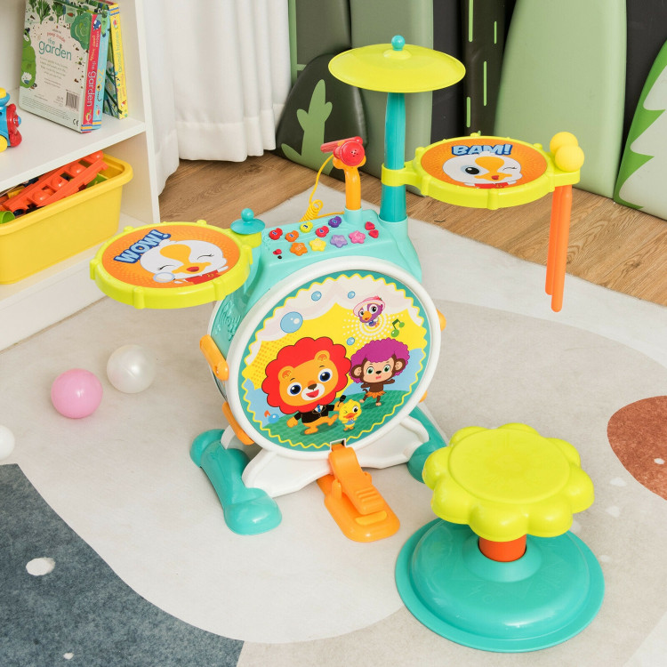 3 Pieces Electric Kids Drum Set with Microphone Stool PedalCostway Gallery View 7 of 12