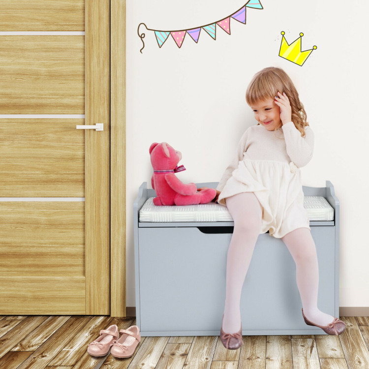 Kids Toy Wooden Flip-top Storage Box Chest Bench with Cushion Hinge-GrayCostway Gallery View 6 of 12