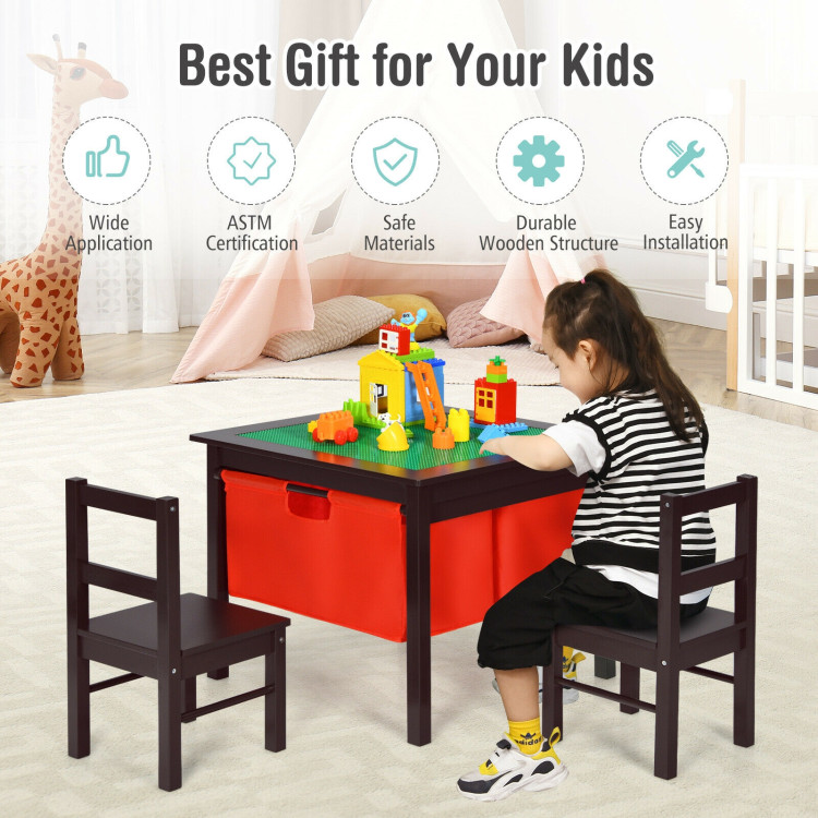 2-in-1 Kids Double-sided Activity Building Block Table with Drawers-BrownCostway Gallery View 2 of 12