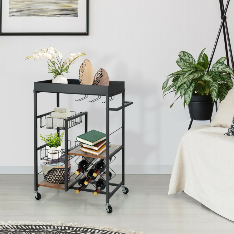 Kitchen Island Cart on Wheels with Removable Top and Wine Rack-Rustic BrownCostway Gallery View 1 of 11