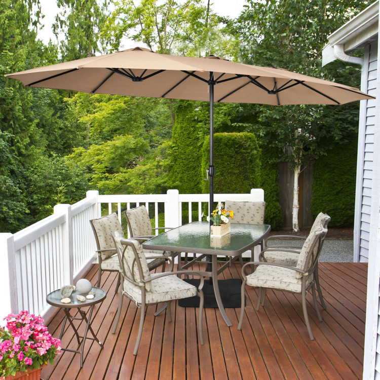 15 Feet Double-Sided Twin Patio Umbrella with Crank and Base-BrownCostway Gallery View 7 of 11