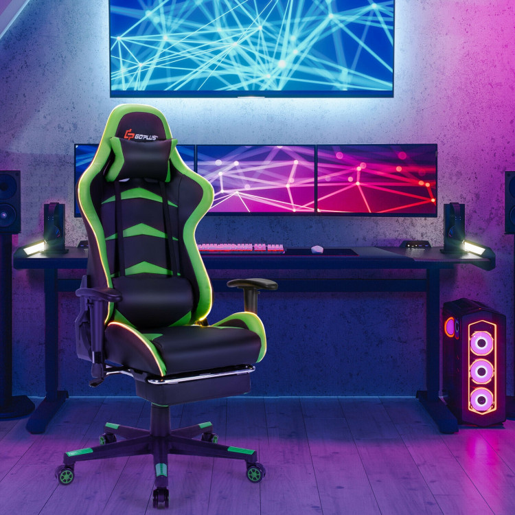 Massage LED Gaming Chair with Lumbar Support and Footrest-GreenCostway Gallery View 6 of 12