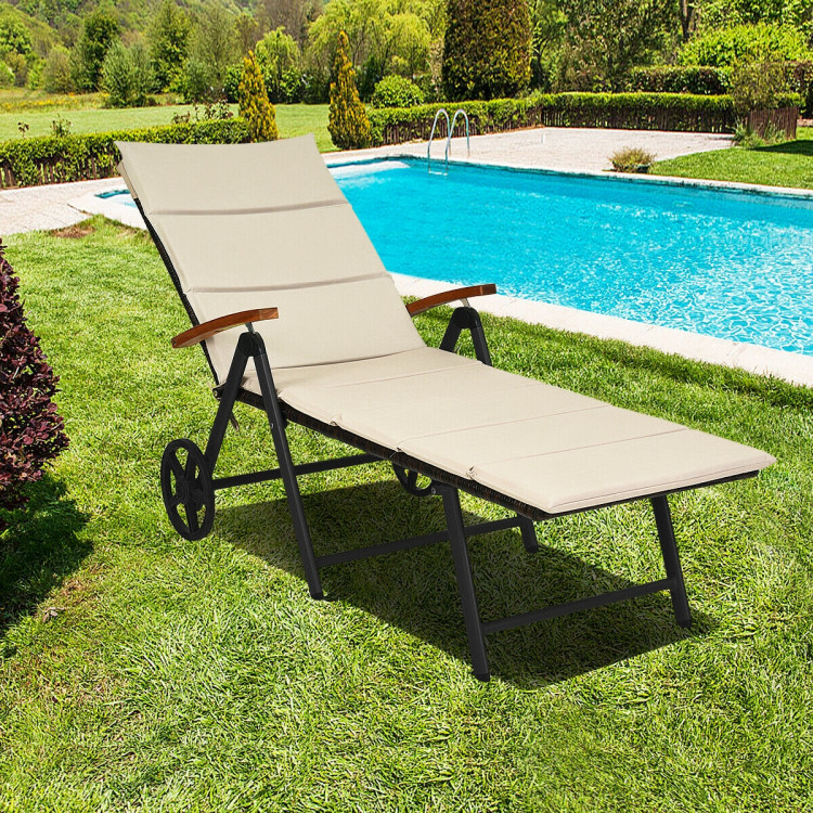 Outdoor Chaise Lounge Chair Rattan Lounger Recliner Chair-BeigeCostway Gallery View 1 of 10