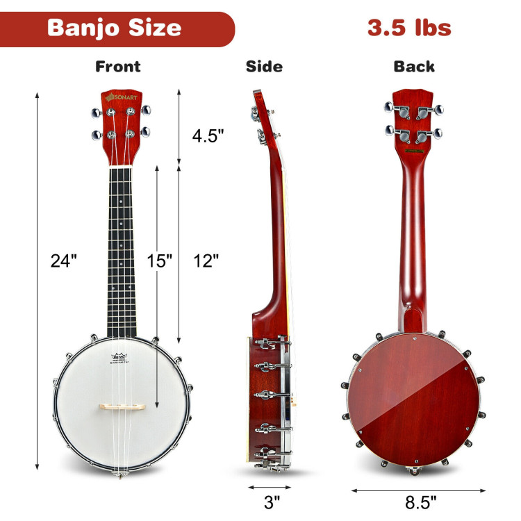 24 Inch Sonart 4-String Banjo Ukulele with Remo Drumhead and Gig BagCostway Gallery View 4 of 10