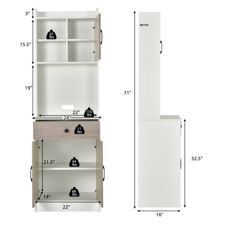 3-Door 71 Inch Kitchen Buffet Pantry Storage Cabinet with Hutch and Adjustable Shelf-WhiteCostway Gallery View 4 of 12