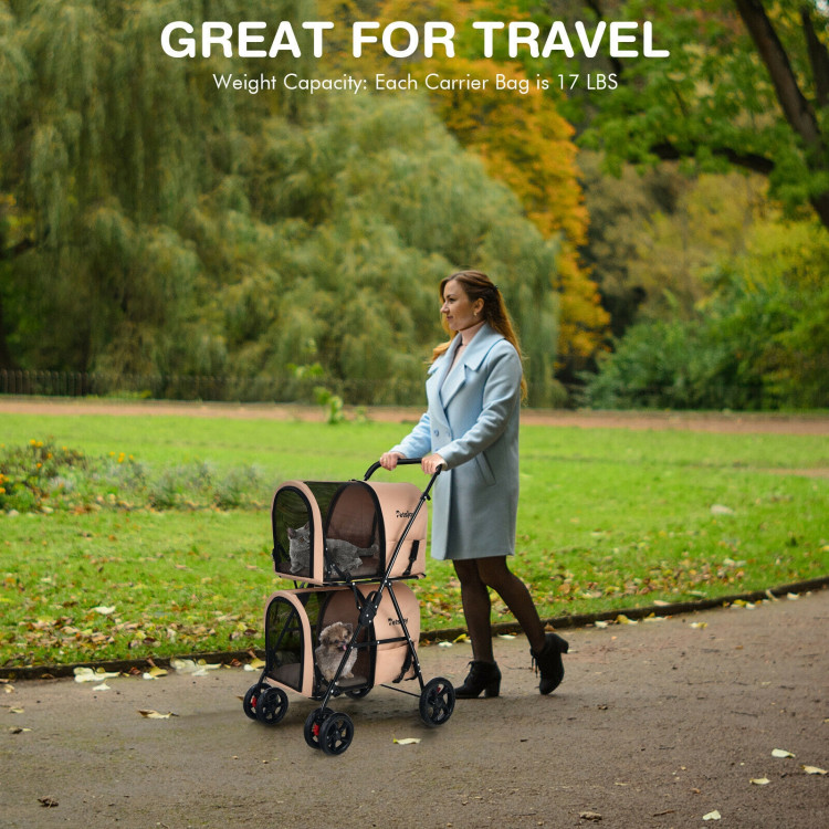4-in-1 Double Pet Stroller with Detachable Carrier and Travel Carriage-BeigeCostway Gallery View 7 of 9