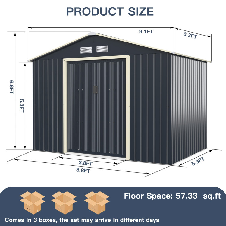 9 x 6 Feet Metal Storage Shed for Garden and Tools-GrayCostway Gallery View 5 of 13