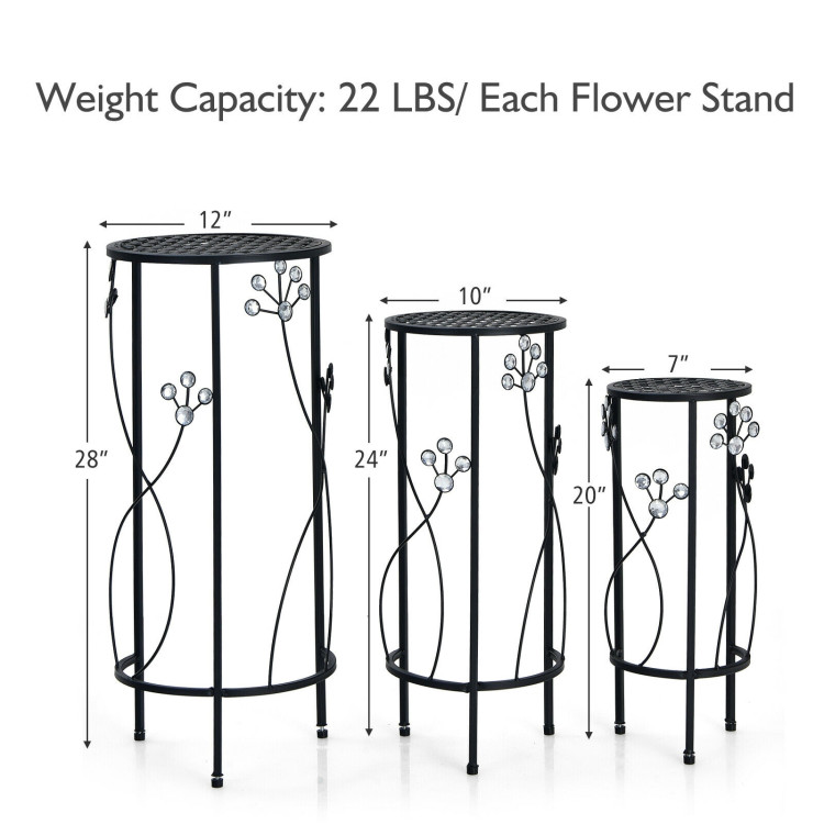 3 Pieces Metal Plant Stand Set with Crystal Floral Accents Round-BlackCostway Gallery View 4 of 10