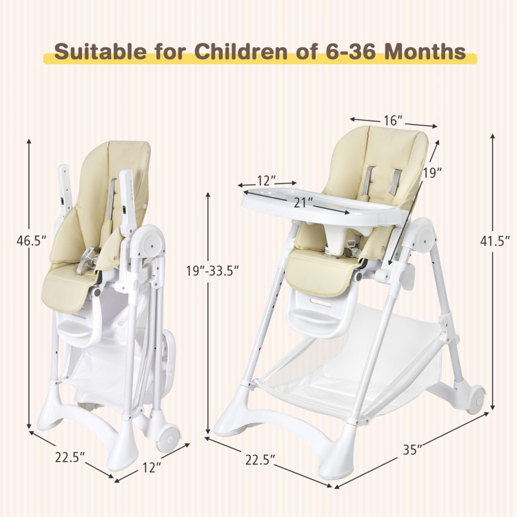 Baby Convertible Folding Adjustable High Chair with Wheel Tray Storage Basket -BeigeCostway Gallery View 5 of 14