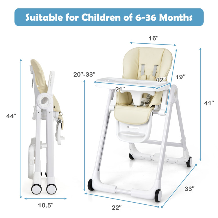Baby Folding Convertible High Chair with Wheels and Adjustable Height-BeigeCostway Gallery View 5 of 13