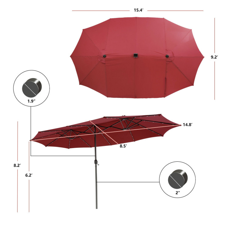 15 Ft Patio LED Crank Solar Powered 36 Lights  Umbrella without Weight Base-Dark RedCostway Gallery View 4 of 11