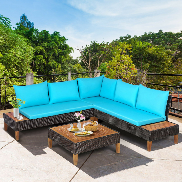 4 Pieces Patio Cushioned Rattan Furniture Set with Wooden Side Table-TurquoiseCostway Gallery View 6 of 9
