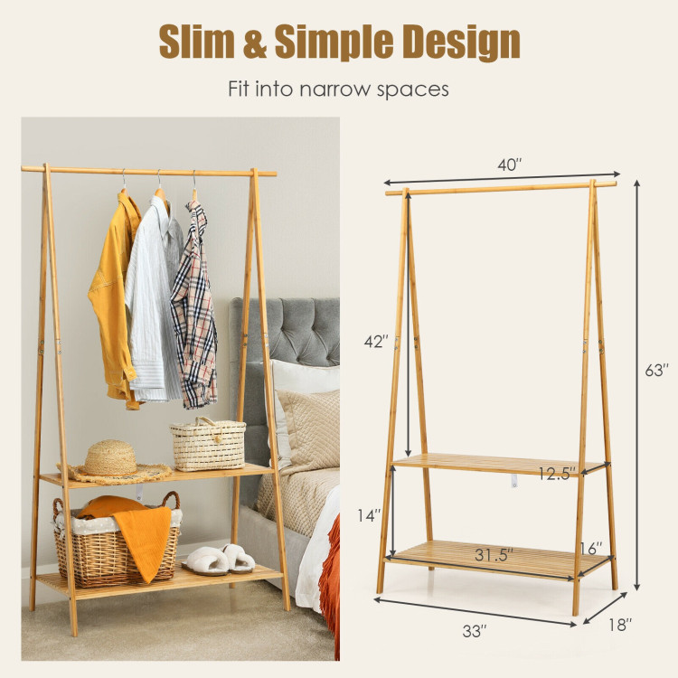 Bamboo Clothes Hanging Rack with 2-Tier Storage Shelf for Entryway Bedroom-NaturalCostway Gallery View 4 of 10