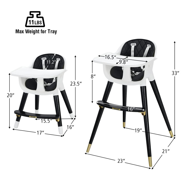3-In-1 Adjustable Baby High Chair with Soft Seat Cushion for Toddlers-BlackCostway Gallery View 4 of 8