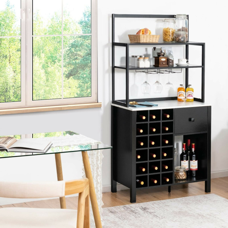 Kitchen Bakers Rack Freestanding Wine Rack Table with Glass Holder and Drawer-BlackCostway Gallery View 1 of 9