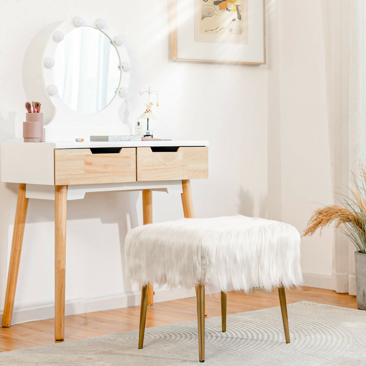 Faux Fur Vanity Stool with Golden Metal Legs for Makeup Room-WhiteCostway Gallery View 1 of 9